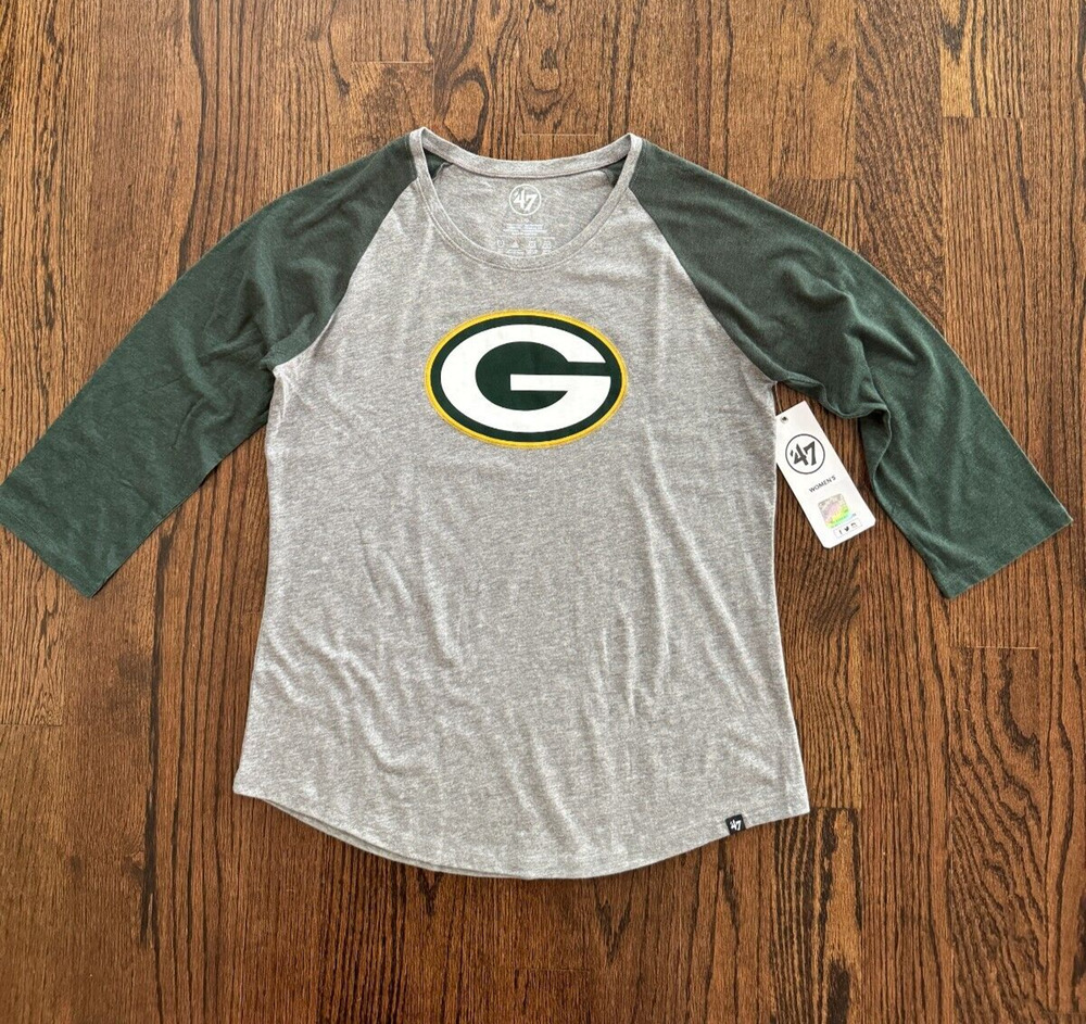 '47 Women Green Bay Packers Slate Gray Large Logo Baseball 3/4 Sleeve Top M L XL
